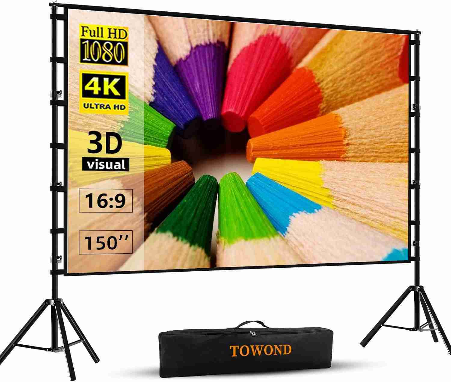 TOWOND Projector Screen and Stand, 150 inch Indoor Outdoor Projection Screen, Portable 16:9 4K HD Rear Front Movie Screen with Carry Bag Wrinkle-Free Design for Home Theater Backyard Cinema : Electronics | Rental TOWOND Projector Screen and Stand, 150 inch Indoor Outdoor Projection Screen, Portable 16:9 4K HD Rear Front Movie Screen with Carry Bag Wrinkle-Free Design for Home Theater Backyard Cinema : Electronics | Rental
