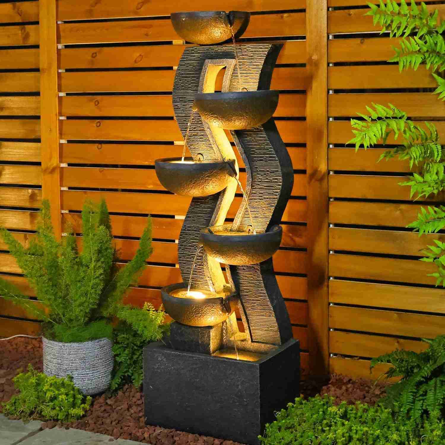 Takamota 52.8″ Tall Outdoor Water Fountain with Lights, 6-Tier Cascading Resin Waterfall Feature for Porch, Garden, Yard, Deck, Patio – Large Freestanding Outdoor Fountain and Waterfall Outside Decor : Patio, Lawn & Garden | Rental