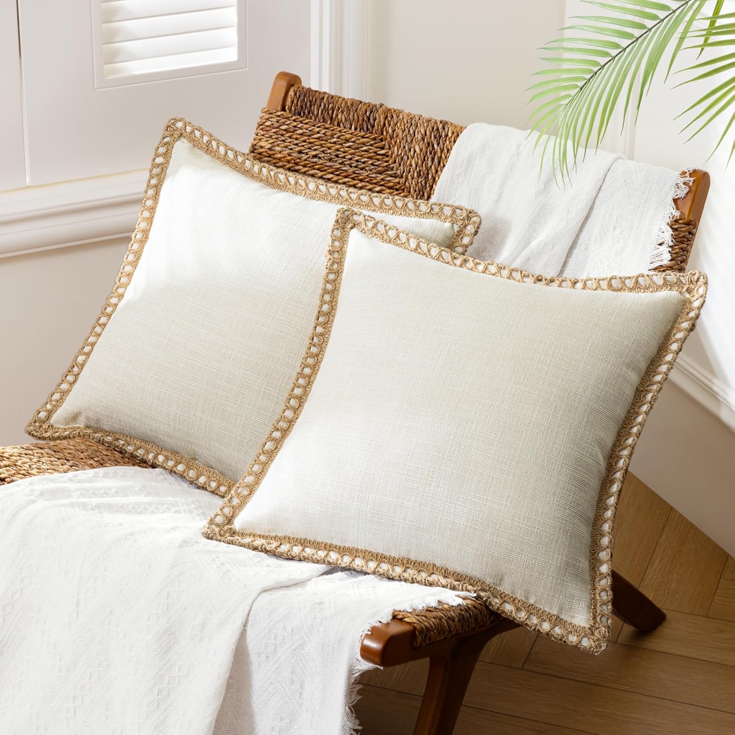 Farmhouse Modern Spring Decorative Throw Pillow Covers Burlap Linen Trimmed Outdoor Pillows Tailored Edges Off White 18 x 18 inches | Rental