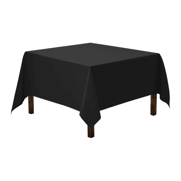 Polyester | Black | 85″ x 85″ Square Tablecloth Rental | Used – Purchase | Rental Polyester | Black | 85″ x 85″ Square Tablecloth Rental | Used – Purchase | Rental